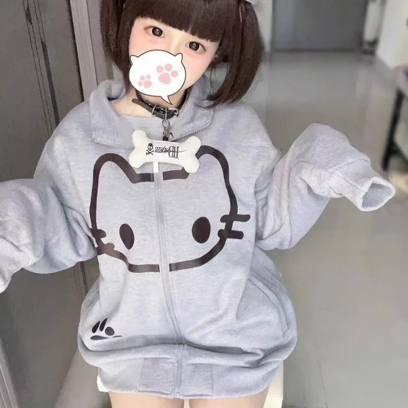 Cat Print Zipper Long Sleeve Stand Collar Women Loose Preppy Style Y2k Gray Japanese Sweatshirts Kawaii Sweet Sudadera Mujer