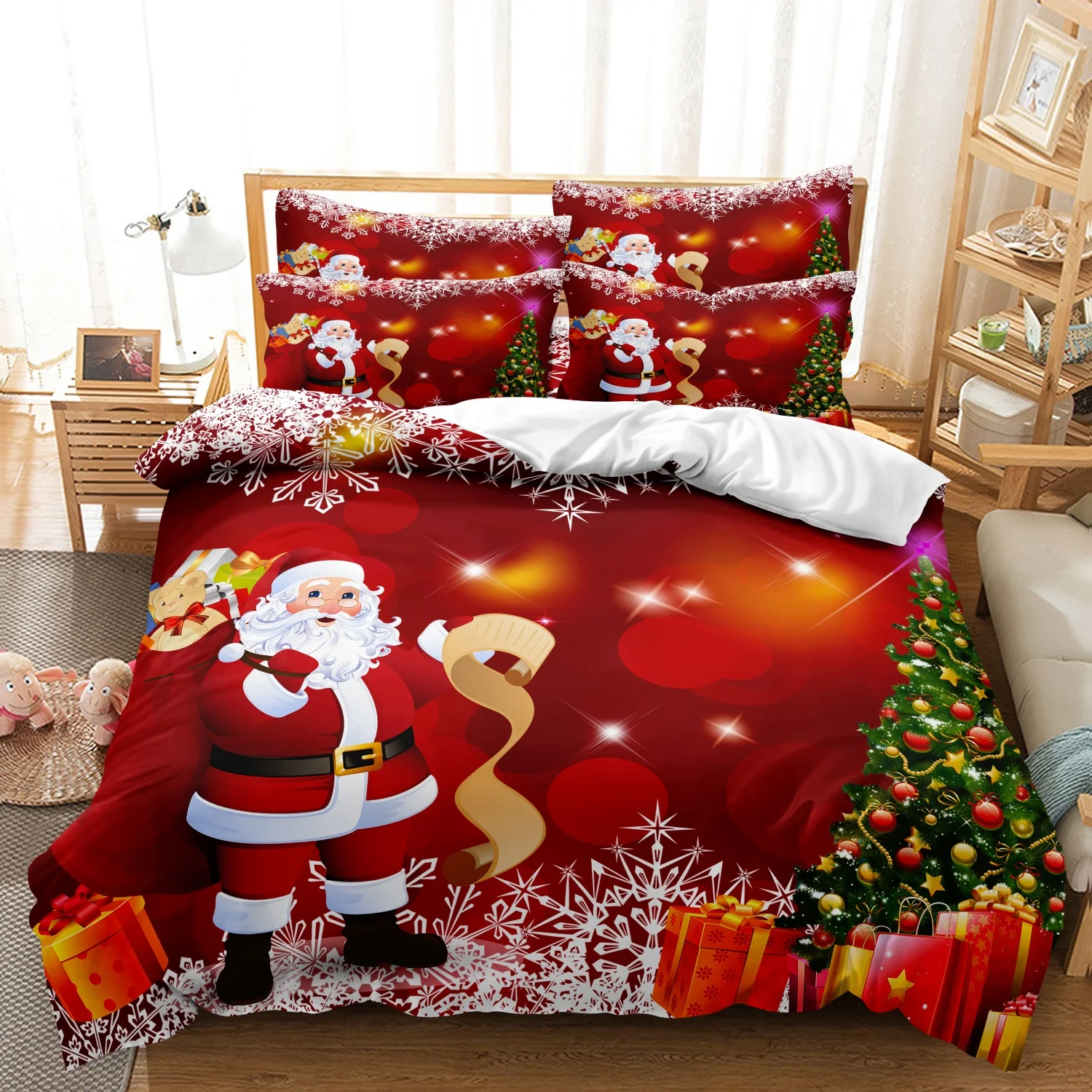 3Pcs Red Santa Claus Christmas Duvet Cover Set, Xmas Santa Gift Bag Christmas Tree Snowflake Print Bedding, For Family Bedrooms