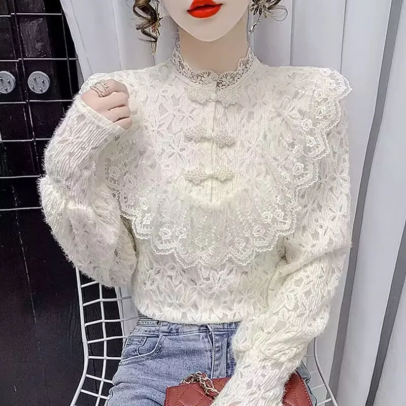 New Women Spring Autumn Lace Shirt 2024 Petal Sleeve Stand Collar Lace Patchwork Blouses Femme All-match Female Lace Blouse Top