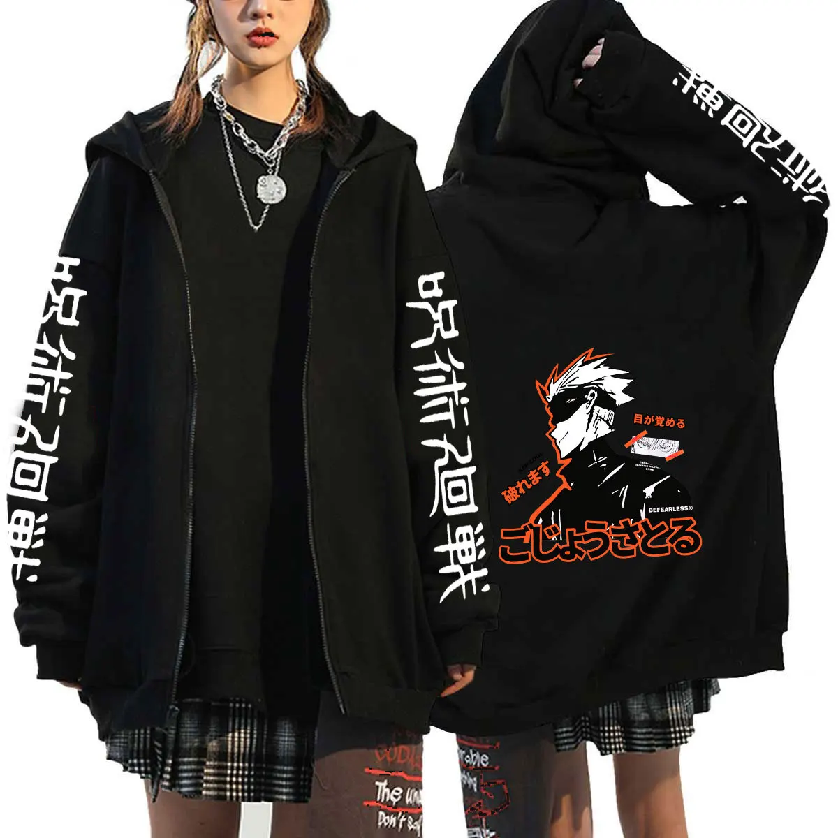 Novo anime jujutsu kaisen gojo satoru anime com capuz zip up hoodies camisolas itadori yuji gráfico dos desenhos animados jaquetas com zíper casacos