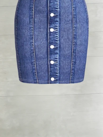 Damen Spaghettiträger-Kleid aus Kunstdenim, Mini-Kleid mit Knopfleiste vorne, ärmellos, mit Taschen, figurbetontes kurzes Kleid, modisches, schmales Kleid für Damen. – Detail 4