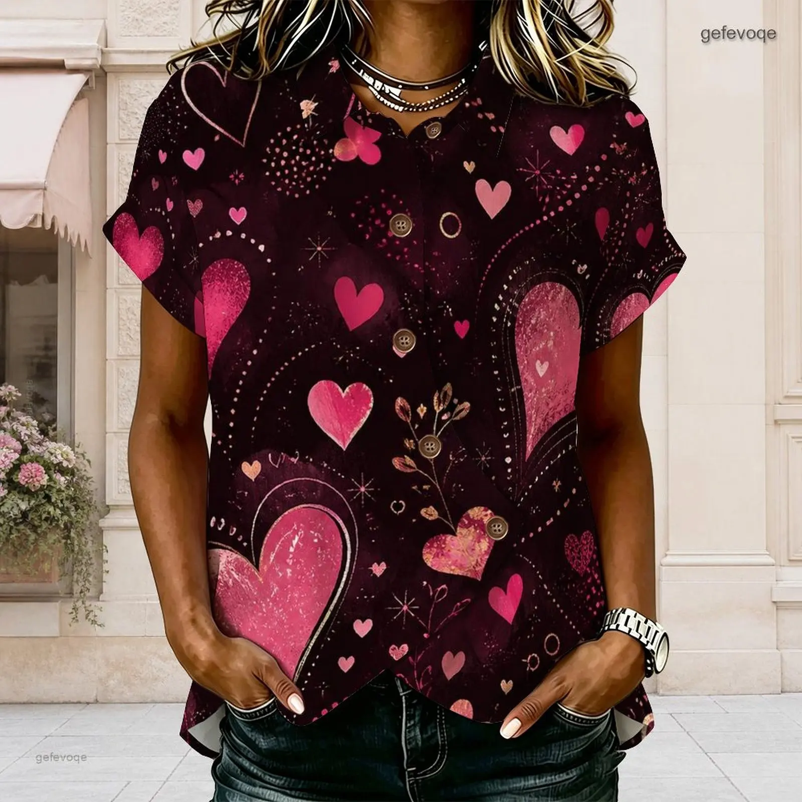 Women Dark Base Gold Teal Celestial Sun Compass Star Printed Short Sleeve Collared Button Front Shirt