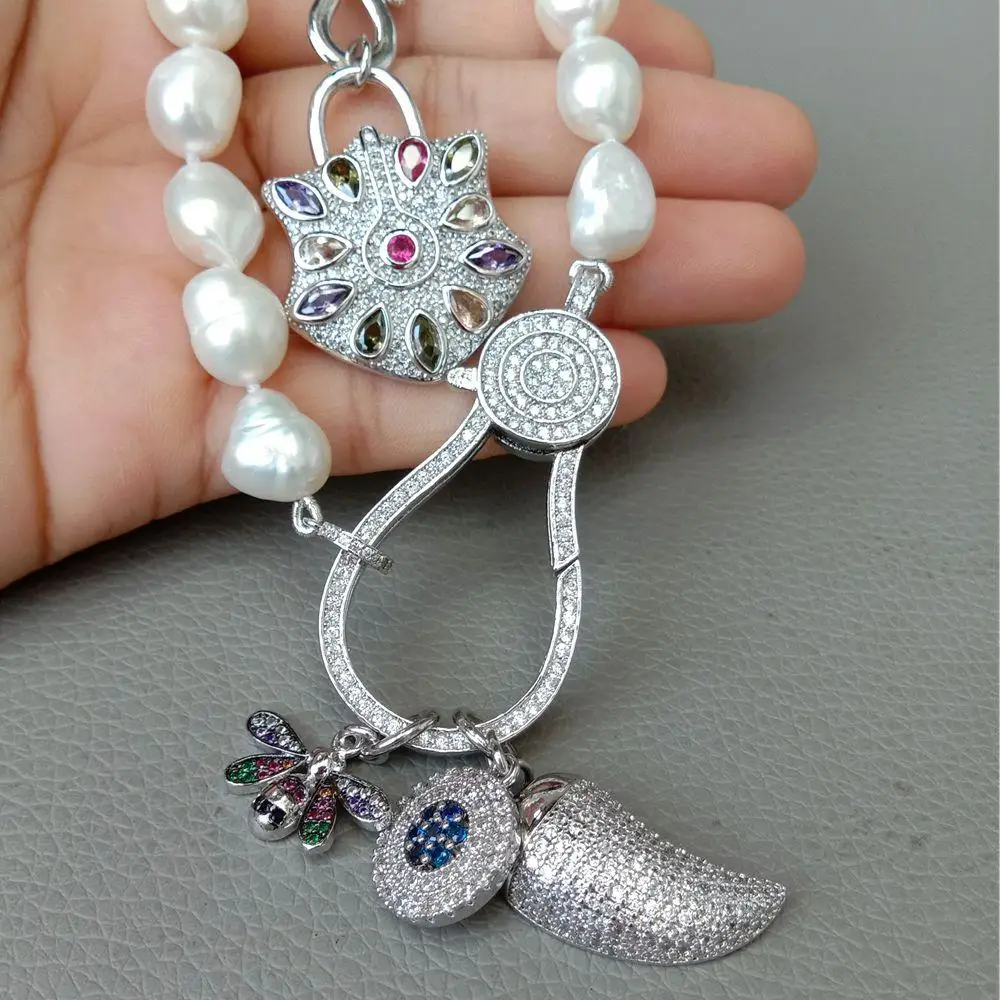 KKGEM 19''2Strands Link chain Cultured White Baroque Pearl Cz pave Drop bee lock Charm pendant statement Necklace view 4