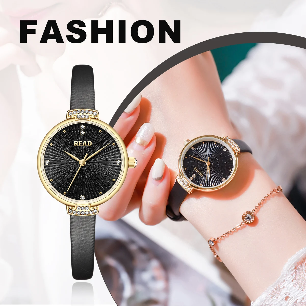 READ Women Quartz Watch | Black Sunburst Zircon Dial | Black Leather Strap | 30M Water Resistant Pin Buckle Watch