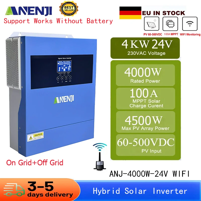 4KW Hybrid Solar Inverter Off Grid Tie Pure Sine Wave MPPT Inverter 24V 220VAC 100A Solar Charger for Photovoltaic PV 60-500VDC