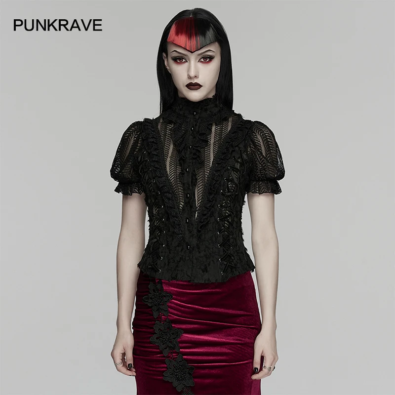 PUNK RAVE Women's Gothic Tattered Decadent Bubble Sleeve Sexy Shirt Drawstrings Eyelets Pleated Lace Club Casual Dark Aura Tops