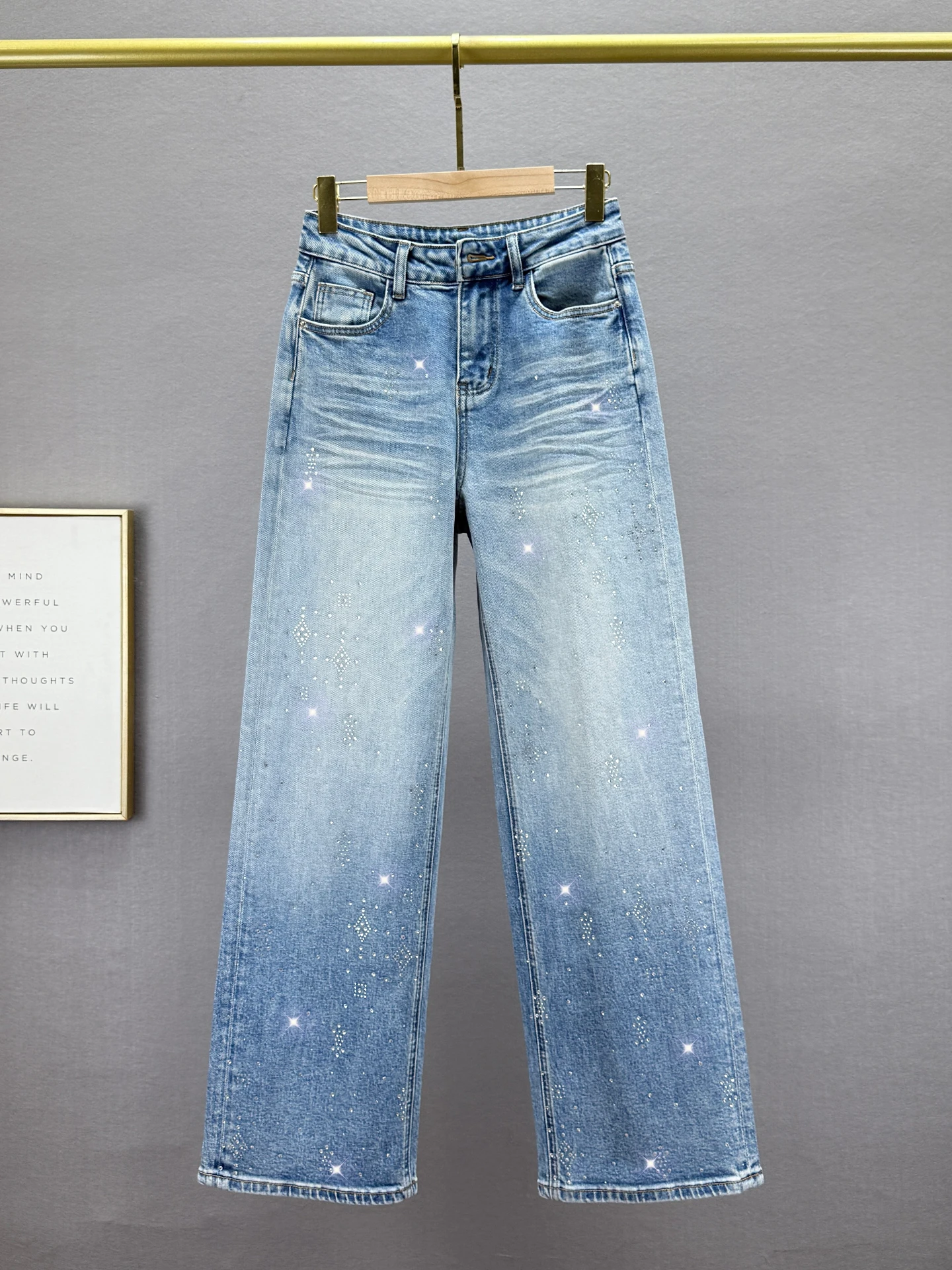 

European Sle High Waist Straight Leg Jeans Women's Spring New Loose Slimming Long Dragging Pants Diamond Heating Cotton Str...