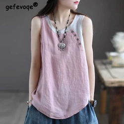 2024 Summer Women Vintage Contrast Color Patchwork Cotton Linen Tank Tops Y2K Casual O Neck Sleeveless Loose Vest Ropa De Mujer