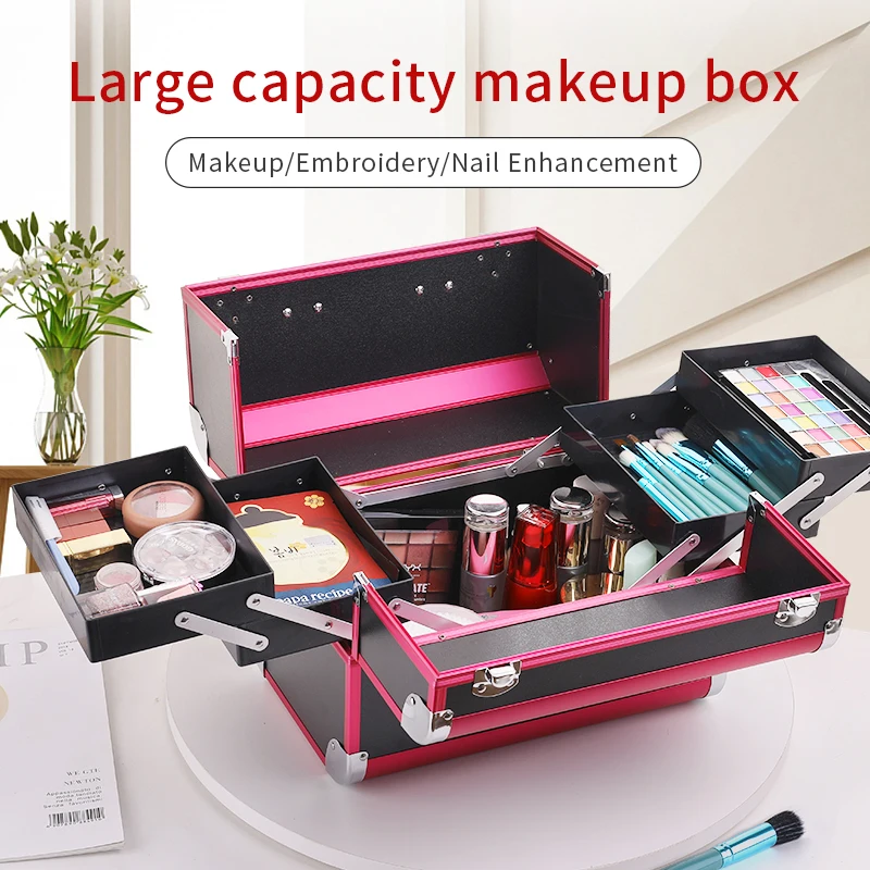 Makeup Train Case Pro Adjustable 4 Sliding Trays Cosmetic Case Storage Organizer Box Lockable Compartments