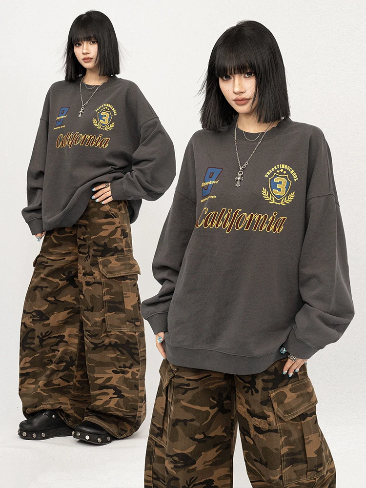 

OCTTFLAB American Retro ey round Ne Sweatirt Women's Autumn Winter Lazy Sle Loose Casual Long Sve Top Base Layer