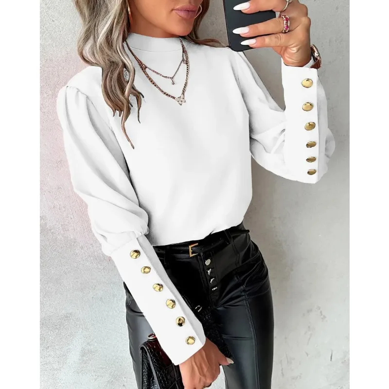 Spring and Autumn Long sleeved Solid Lace Round Neck Button Shirt for Women camisas de mujer