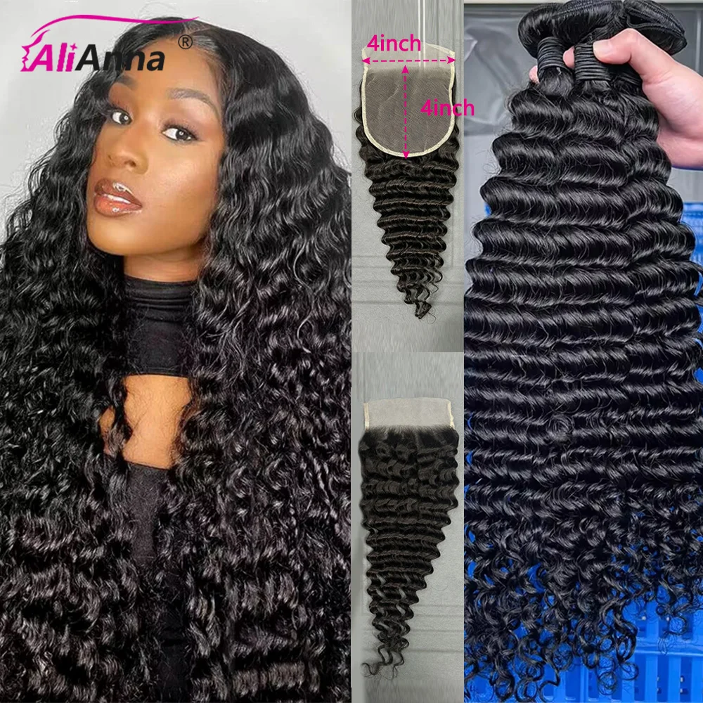 Deep Wave Echthaar-Bundles und -Extensions 22 24 26 Zoll Burmesische Lockige Haarbündel mit Verschluss 100% Rohes Echthaar-Bundles im Angebot und 4x4 Lace Closure Transparent HD Schweizer Spitze