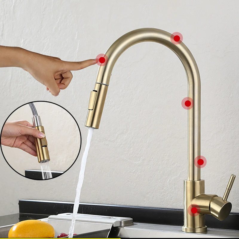 Hot Cold Touch Kitchen Mixer Tap with Pull Down Sprayer Brushed Gold Kitchen Sink Faucets Smart Sensor Touch on Kitchen Faucet