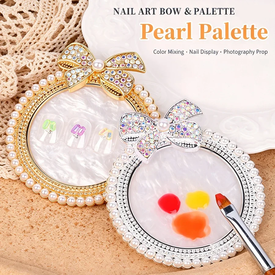Large Bow Faux Pearl Rhinestone Nail Art Palette, Agate Resin Nail Display Board, Manicure Mixing Plate for Nail Art Tool