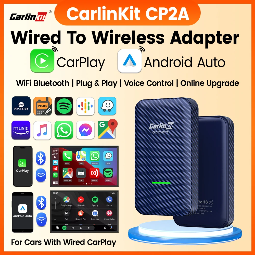 Adaptador Sem Fio CarlinKit 4.0 CP2A 2-em-1 CarPlay Android Auto para Carros com CarPlay com Fio, BT Wifi 5GHz, Atualização Online, Smart Car Box