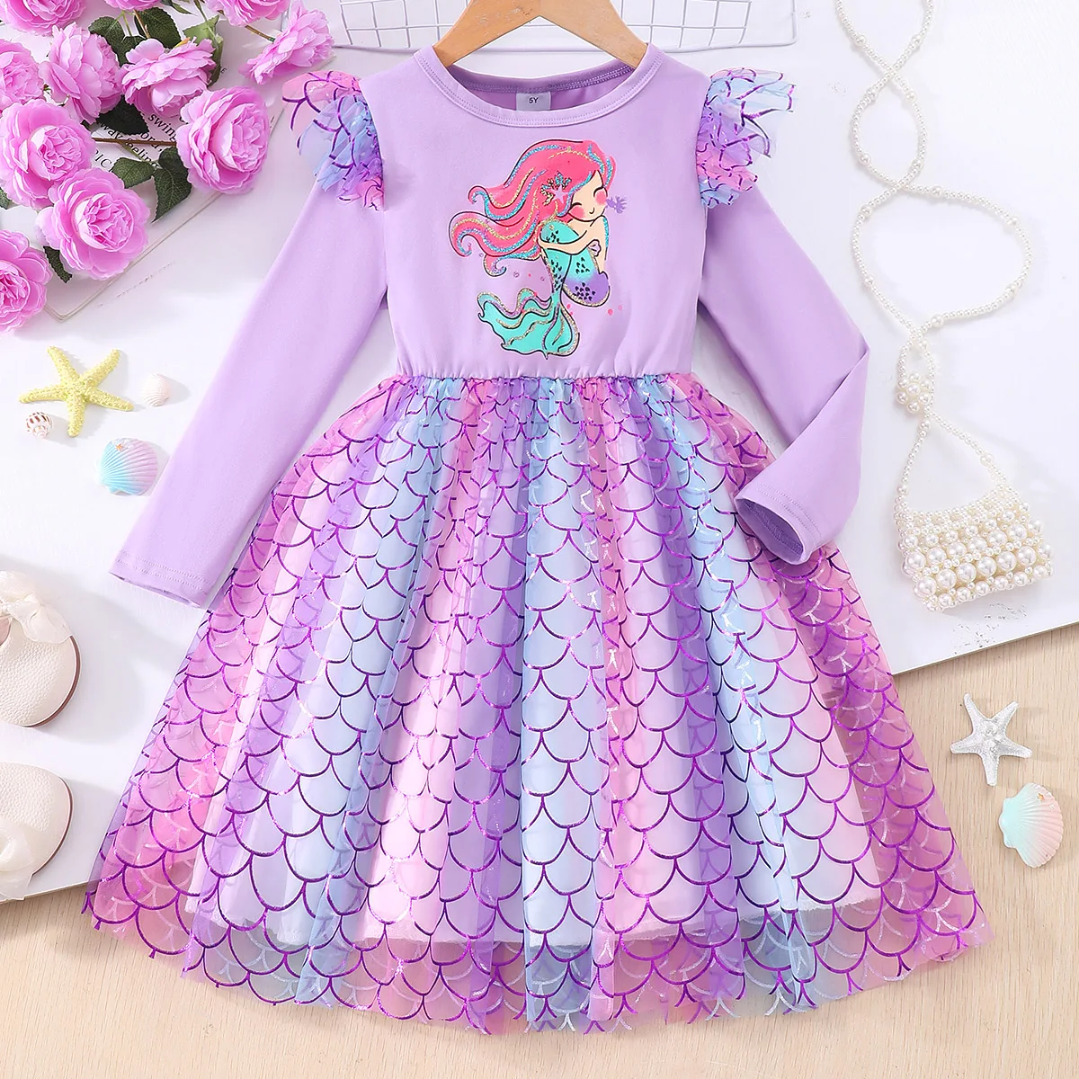 Long sleeved round necked mermaid fish scale mesh dress for girls, middle and young children