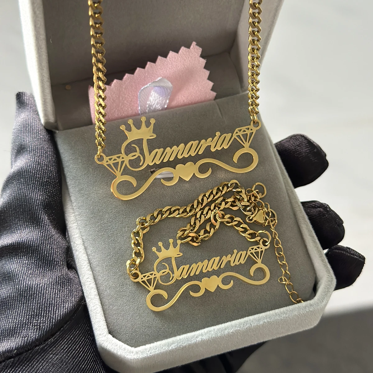 New Custom Name Suit With Crown Necklace Bracelet Set Personalized Cuban Chain Necklace Stainless Steel Nameplate Set For Women