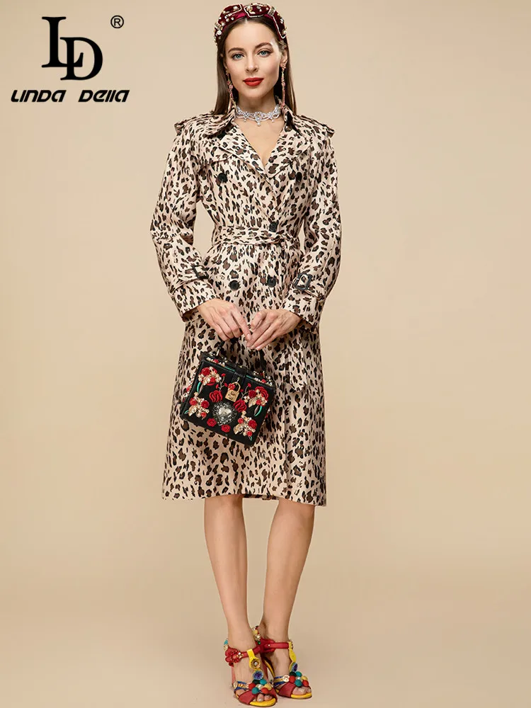 LD LINDA DELLA 2023 Designer Spring Fashion Trench Coat Women\'s Long sleeve Belted Vintage Leopard print Outwear Overcoat