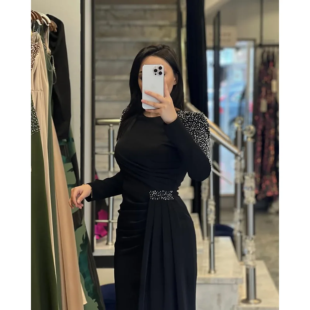 Vestido de noche Formal negro personalizado cuello redondo mangas largas rebordear Jersey vestidos de noche sirena hasta el suelo vestidos de fiesta