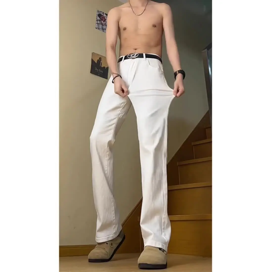 Masculino puro branco fino ajuste pequeno jeans retos estilo americano cintura alta negócios queimado calças roupas masculinas streetwear