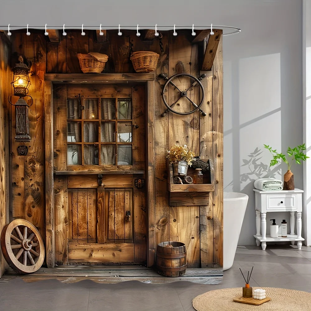 

Cozy Rustic Wooden Door Shower Curtain, Vintage Farmhouse Art, Waterproof Polyester, Warm Country Bathroom Decor