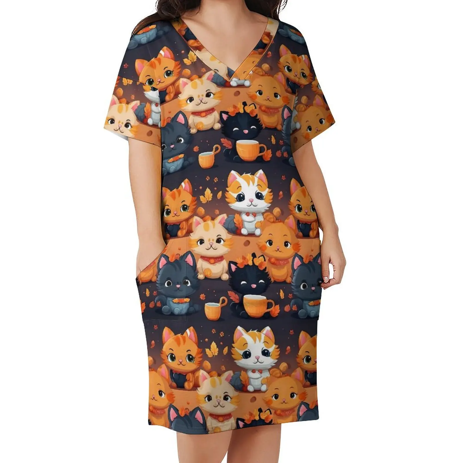 

Magic Cats Mugs Dress Short Sleeve Cartoon Animal Elegant Dresses Lady Street Fashion Custom Casual Dress With Pockets Big Size