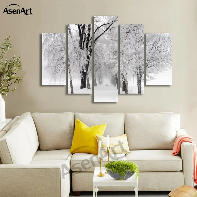 

Modern Winter Snow Canvas Paintings, 5 Panel Wall Art, Tree Painting, Picture for Living Room, Home Decor, Artwork, Unframed