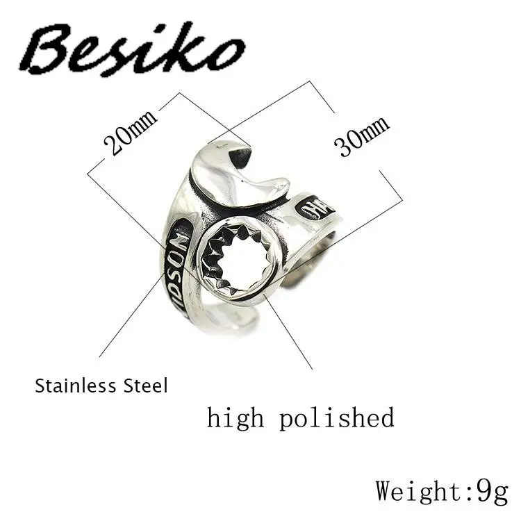 Besiko New Fashion Titanium Steel Men Ring Wrench Tools Shape Vintage Punk Biker Men\'s Open Rings Jewelry Dropshipping