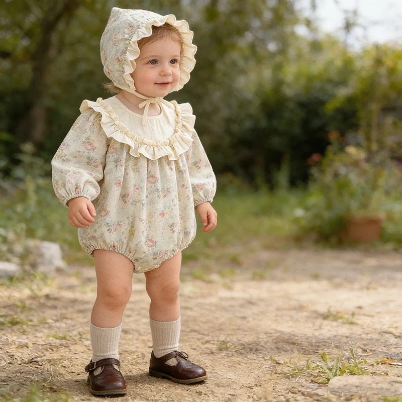 

Новинка 2023 года, весенний комбинезон для маленьких девочек + шапка, хлопковый комбинезон с длинными рукавами и принтом для маленьких девочек, одежда для маленьких девочек 0-24 месяцев