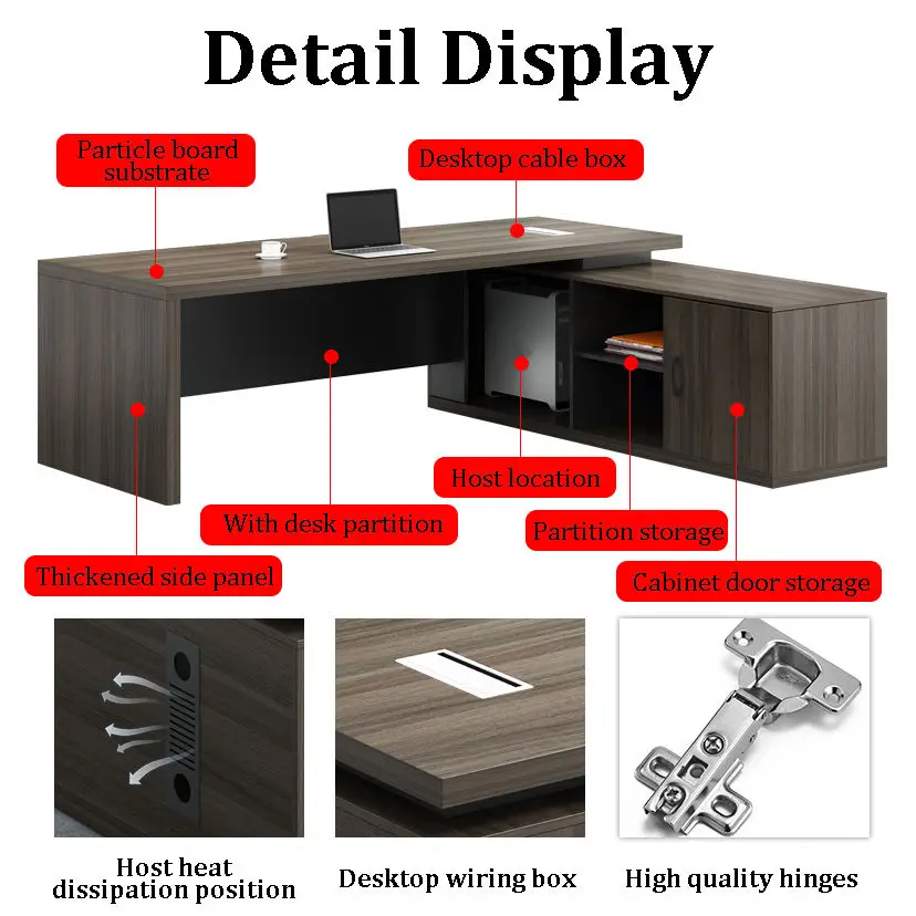 Luxury Modern L-Shaped Executive Office Desk Side Cabinet Wood Grain Commercial CEO Workstation Cable Management Large Desk - view 6