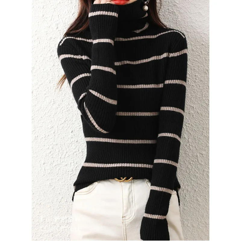 Autumn and Winter Trend New Temperament Women\'s Clothing Fashion Pile Collar Long Sleeve Versatile Commuting Striped Sweater