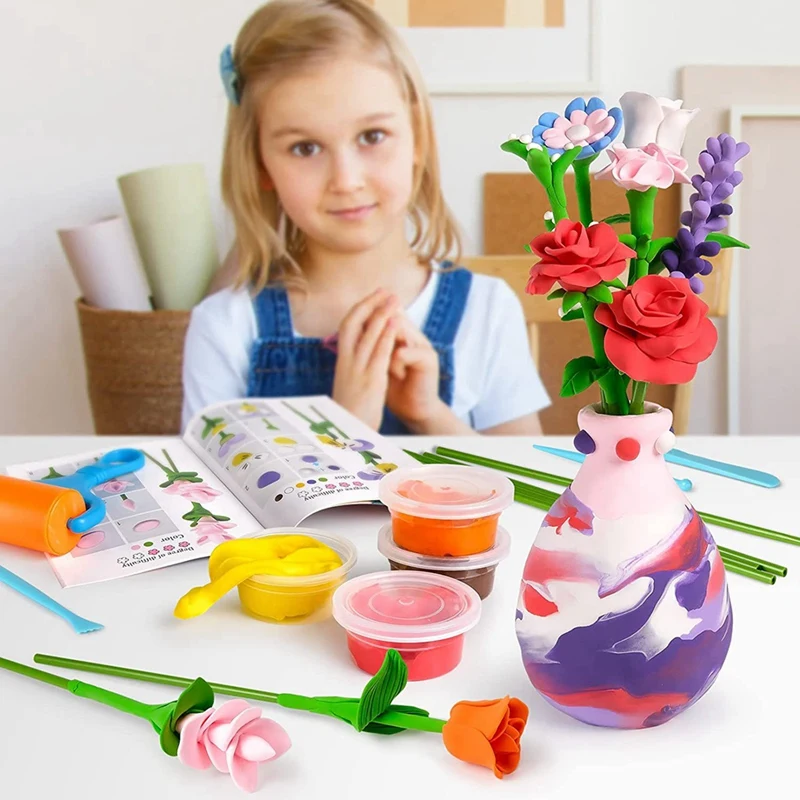 Kit de artesanato de flores para artesanato infantil e conjunto de arte, kit divertido diy para crianças, lembranças para festa de dia das mães, vaso e botão, flores, artesanato durável