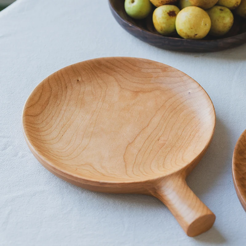 

Manxu Wood Pizza Tray round Wooden Original Color Single Person Dining Utensils Tray Pastries Bread Handle Dinner Plate
