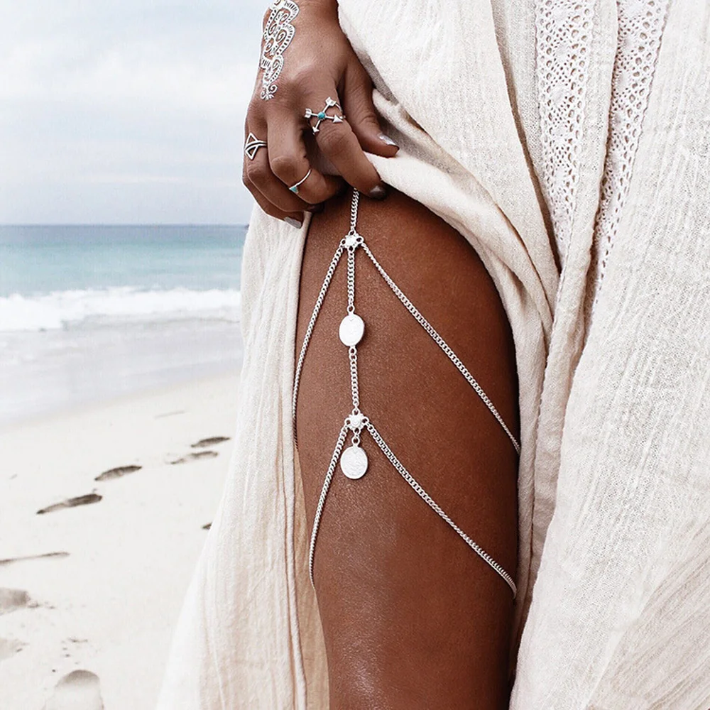 1pc Hot Bikini Pendant Stretchy Leg Tassel Body Chain Sexy Harness Gold Color Silve Color Thigh Chain Vintage Women Body Jewelry