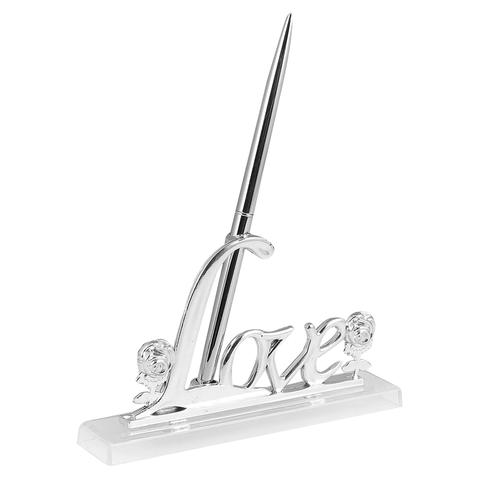 Rose Metal Wedding Guest Signing Pen with Stand Love Ornament Guest Book Pen Holder for Bridal Ceremony Engagement Scrapbook