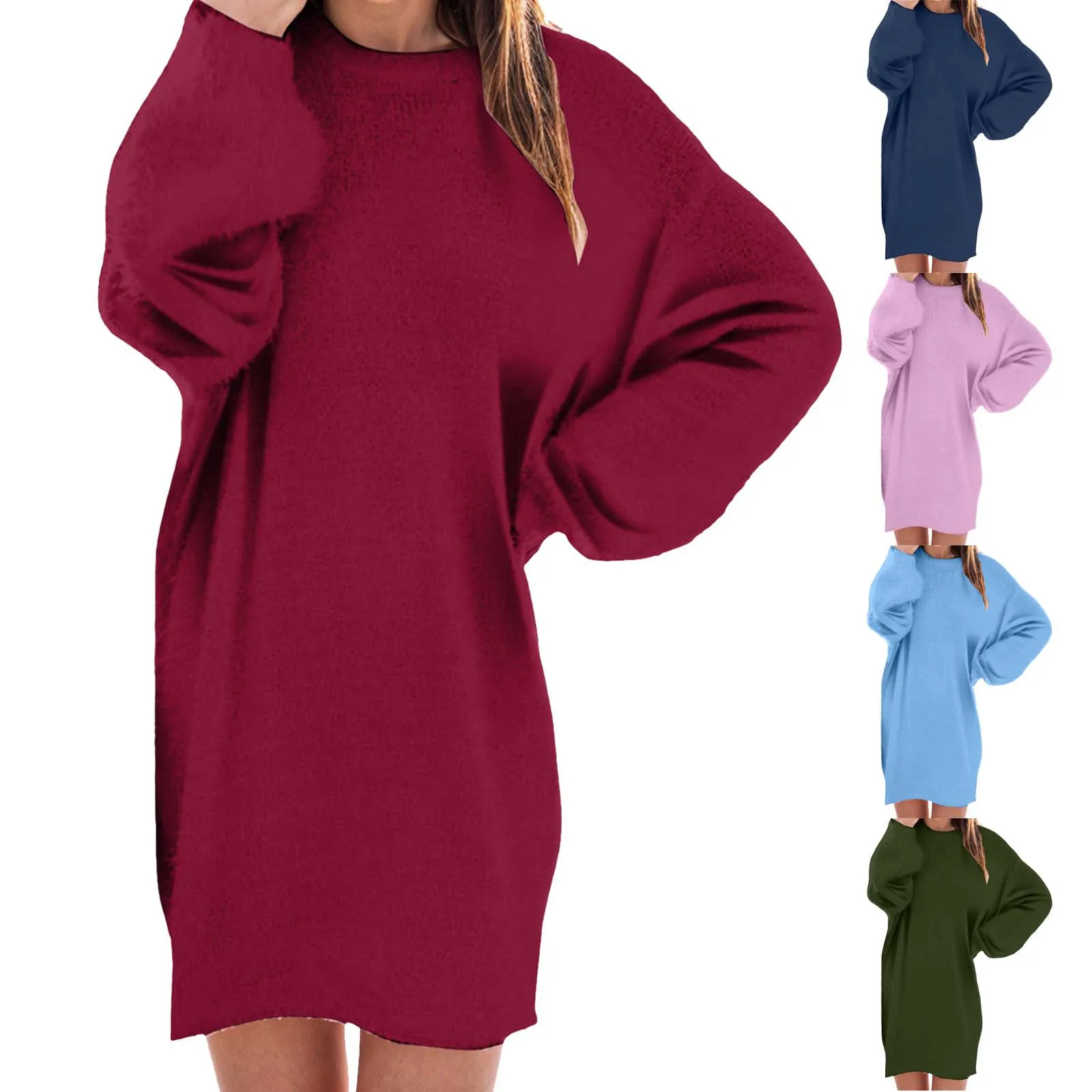 Women Fall Winter Pullover Dress Solid Color Casual Fleece Lantern Sleeve Tunic Dress Women's Loose Round Neck T Shirt Dresses