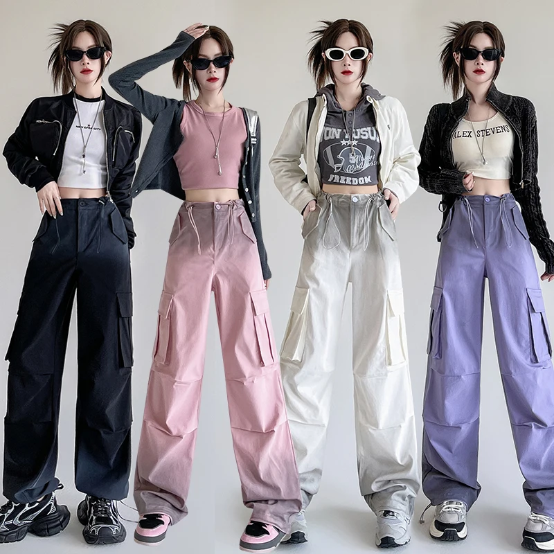 Women Purple High Waist Cargo Pants Vintage Fashion Leisure Straight Wide Leg Pants Street Female 2025 Trouser