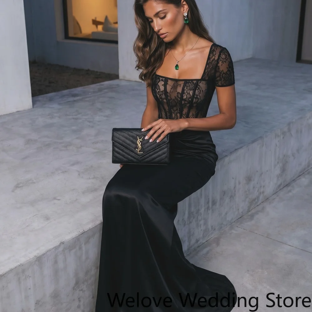 Customized Sleek Black Formal Evening Gown featuring a square neckline, a sheer lace corset bodice with short sleeves