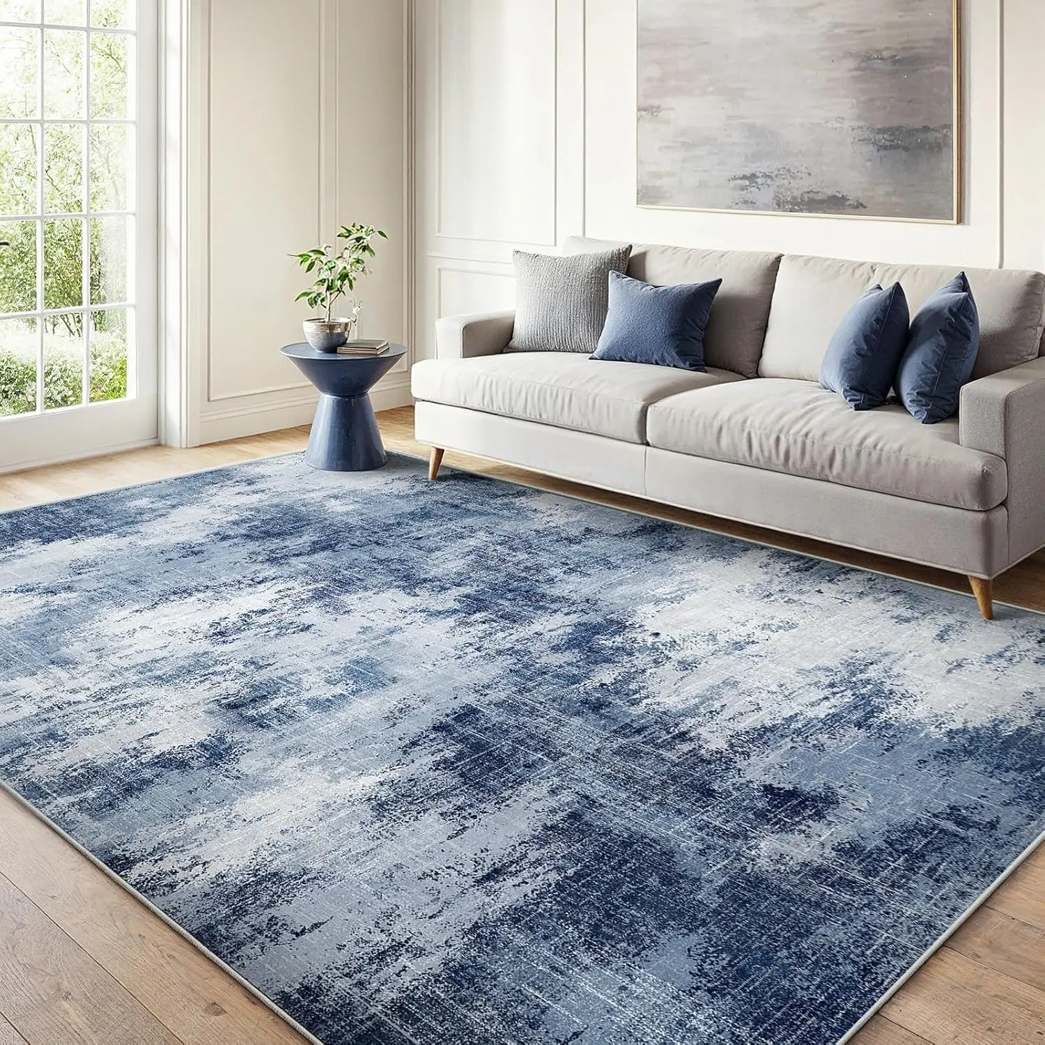 

6x9 Modern Abstract Washable Rug, Non-Slip Low Pile Indoor Carpet for Living Room, Bedroom, Nursery and Dining Room in Dark Blue