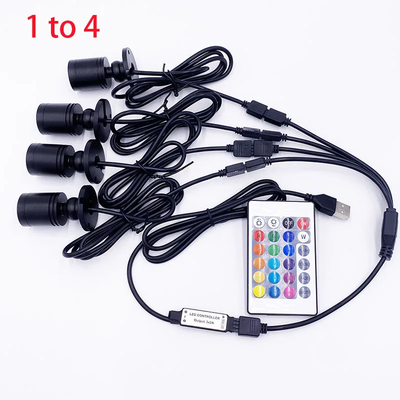 RGB-LED-Strahler, USB, 5 V, dimmbar, Farbe, Mini-Deckenstrahler, 1 W, 3 W, Schaufenstermuster, Schaufensterlicht, Raumdekoration, 1 bis 4 Fernbedienungsset