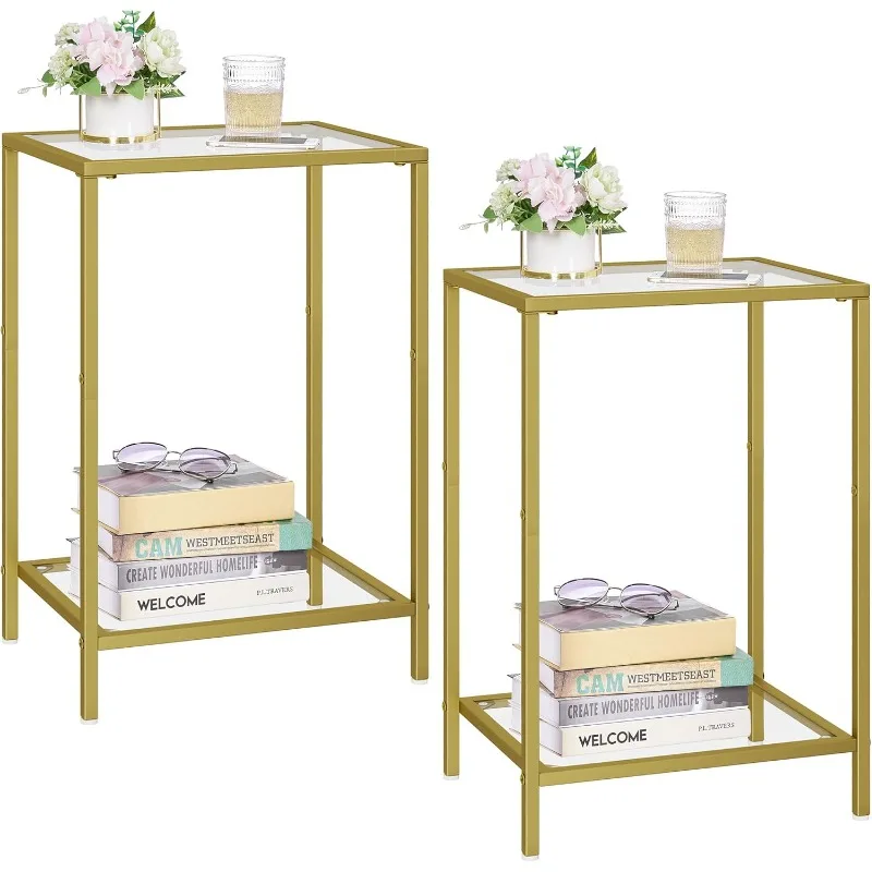 Side Tables Set of 2, End Tables with Tempered Glass, 2-Tier Nightstands with Storage Shelves