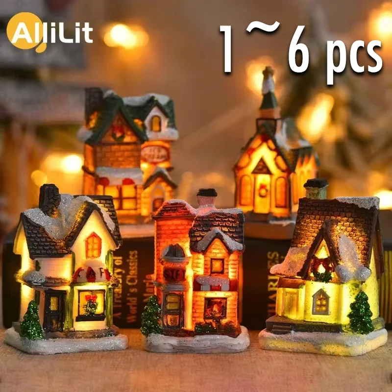 LED Luminous Snow House Sculpture Christmas Decoration 2024 New Year Night Light Home Resin Crafts Xmas Gift for Kids