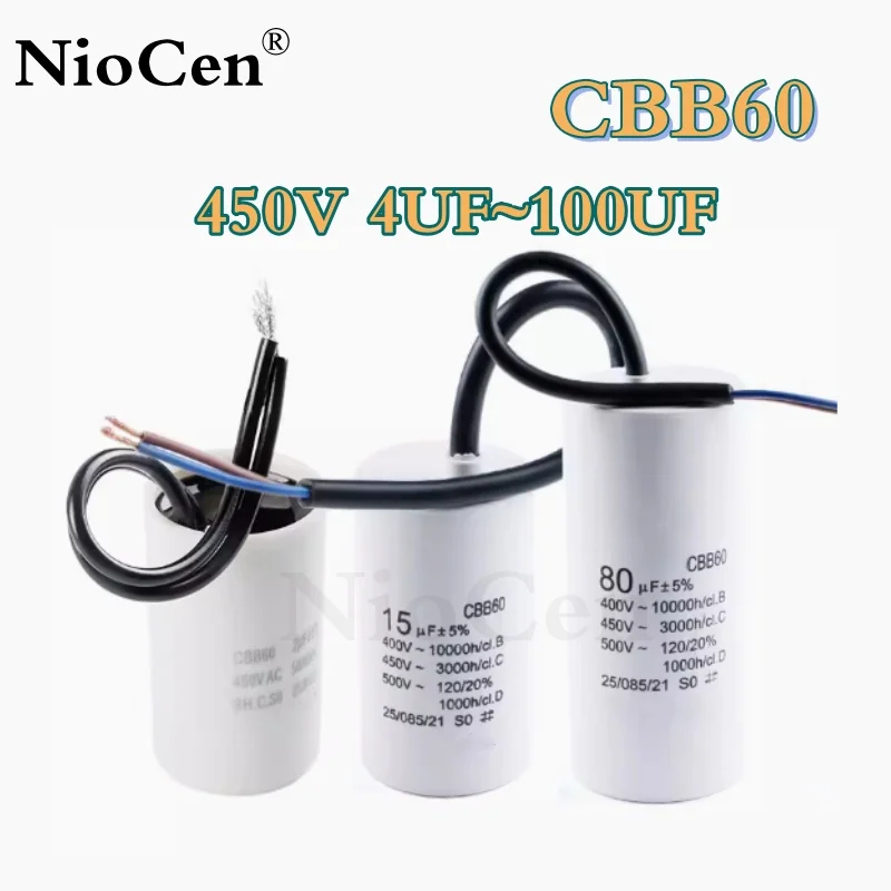 (1PCS)CBB60 Motor Run Capacitor Start Water Pump Washer Air Pump with Screws 450V 4UF 5UF 6UF 8UF 10UF 12UF 14UF 16UF 20UF 100UF