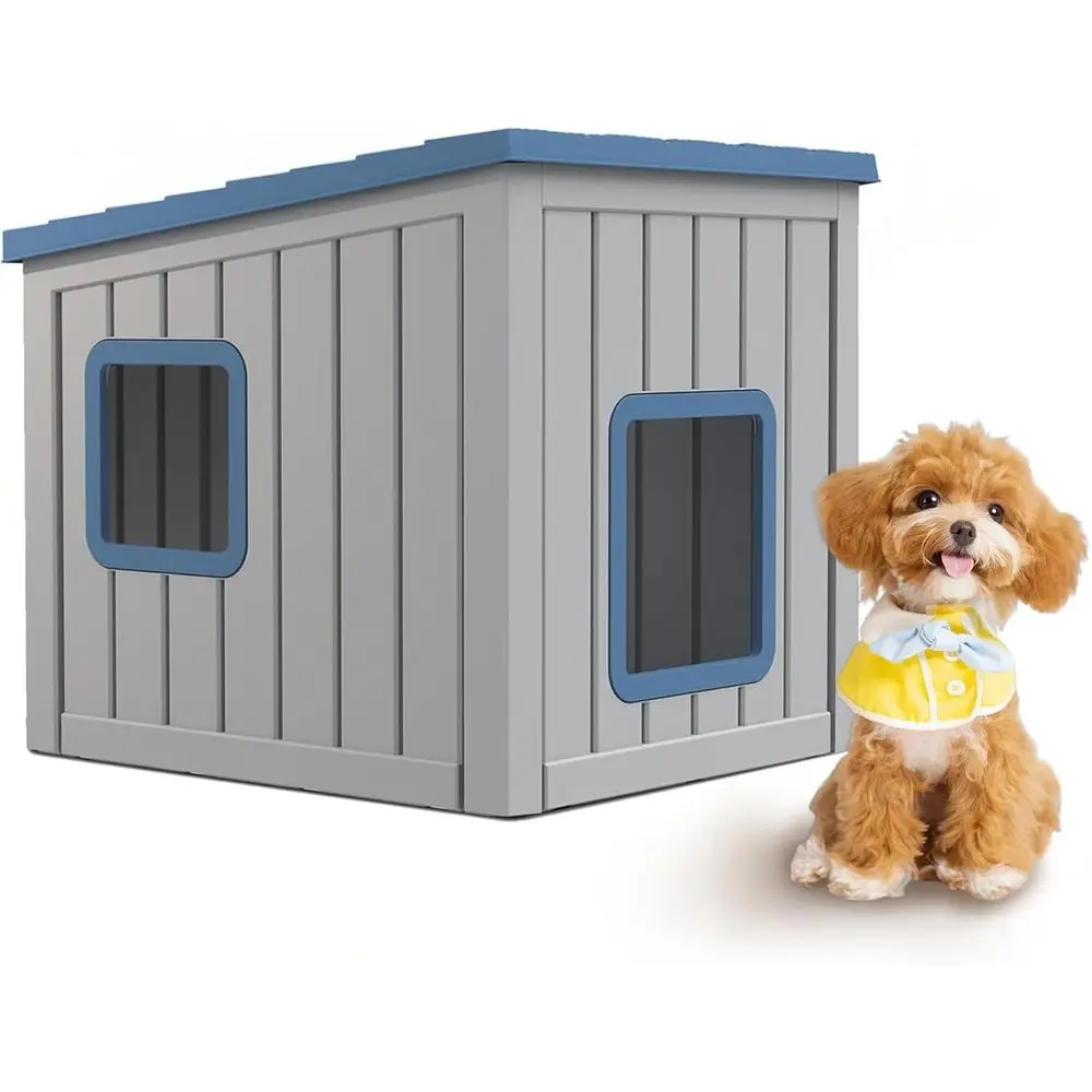 

Outdoor Dog House Indoor and Outdoor Sloped Roof Resin Material with Weatherproof Roof Removable Floors for Small to Middle Sized Dogs Easy to Assemble（Blue，24.65 * 21.5 * 22.21