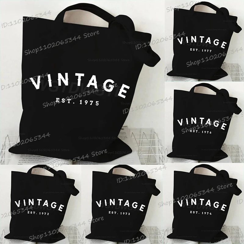 

50th Birthday Gift Vintage Est 1975 Print Canvas Black White Tote Bags Men Women Fashion 1970 To 1979 Year Retro Shoulder Bags