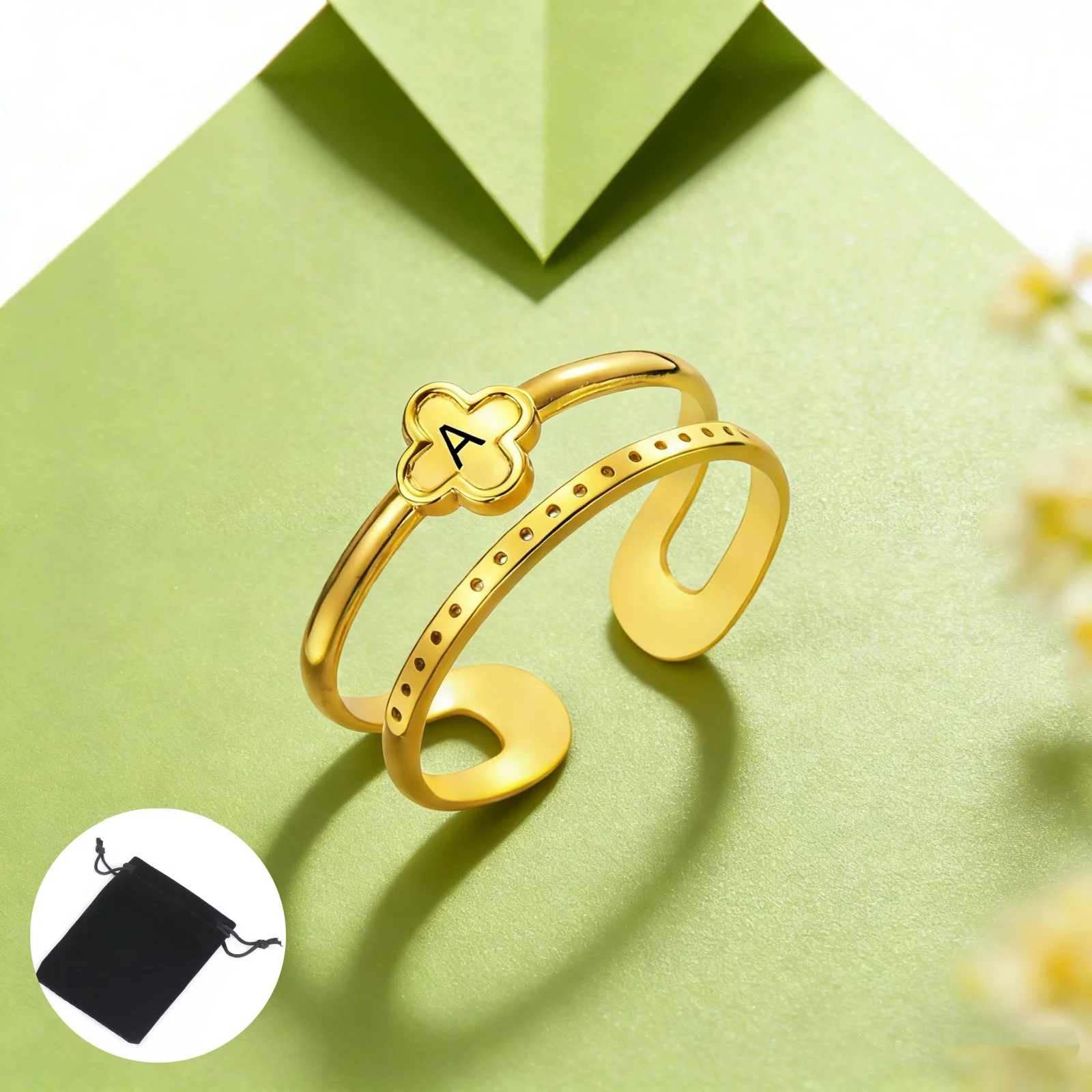 Customized Surname Letter Fashion Geometry Clover Open Ring Stainless Steel Adjustable Ring Aesthetic Jewelry Gift