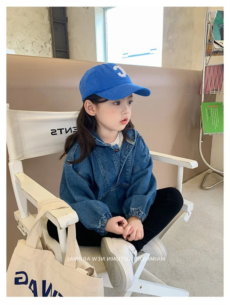 Jackets Girl Cowboy Hooded Loose Coat Autumn New Korean Zipper Versatile Children Tops Tide Simple 2024 Soild Fashion