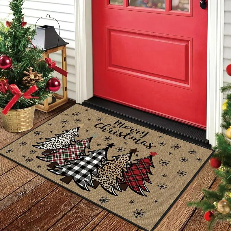 VIKAMA Christmas Doormat Xmas Tree Letter Merry Christmas Star Gift Burlap Print Washable Mat For Entryway Hallway Indoor Decor