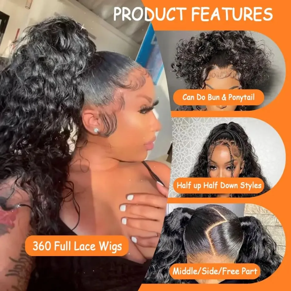 360 شعر مستعار دانتيل كامل منتفخ Hd البرازيلي موجة عميقة الباروكات شعر الإنسان 100% مجعد الدانتيل الباروكة الأمامية حزام غير مرئي 250 الكثافة 40In