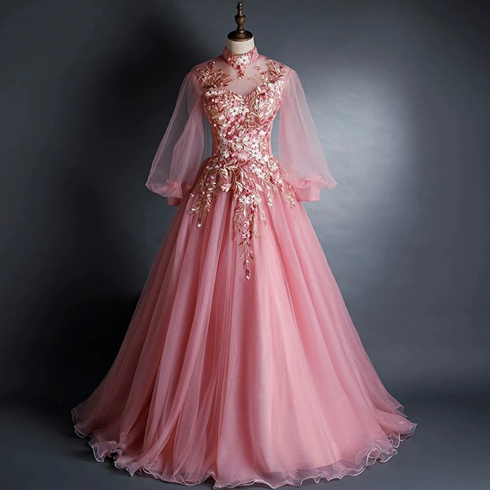 Vestidos Quinceanera com miçangas de renda, vestido de baile, mangas compridas, gola alta, renda para cima